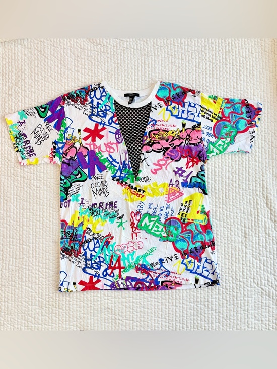 Forever 21 Tops - Multicolor Graphic Graffiti Mesh Lace Crewneck Urban Street T-shirt Top Women M